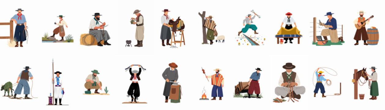 Flat illustration set of South American gauchos in traditional attire performing various rural activities, including ranching, crafts, and daily life on the pampas.