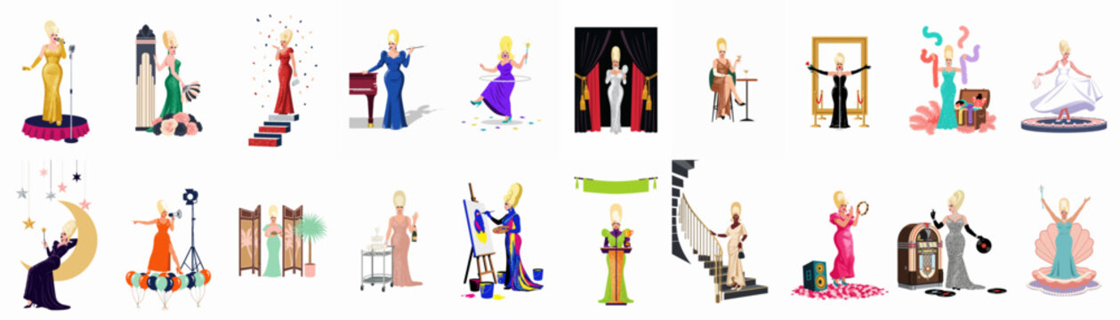 Diverse collection of 20 vector illustrations showcasing a glamorous drag queen in various elegant outfits, stage performances, and lifestyle scenes on a white background.
