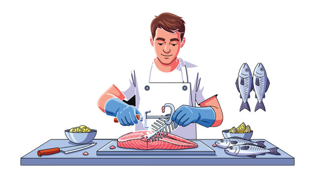 Precision Culinary Artistry: A skilled culinary expert meticulously prepares fresh seafood, employing precise techniques to showcase the art of food preparation. 