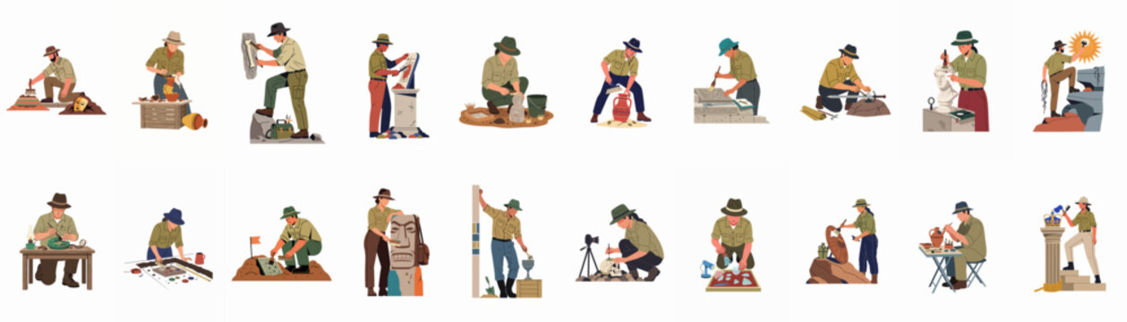 Set of professional archaeologist characters performing diverse tasks like digging, cleaning artifacts, and documenting historical finds in a flat vector style.