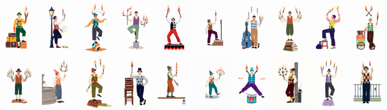 Set of illustrated vintage circus entertainers and fire jugglers performing various acts with props, isolated on a white background.