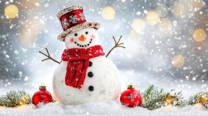 Fototapeta premium A Festive Snowman Wearing a Red Scarf and Top Hat in a Snowy Outdoor Winter Wonderland