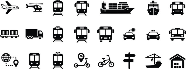 Global transportation and logistics vector icon set featuring airplanes buses trains cars ships and public transit symbols. © Mst Fateha Begum