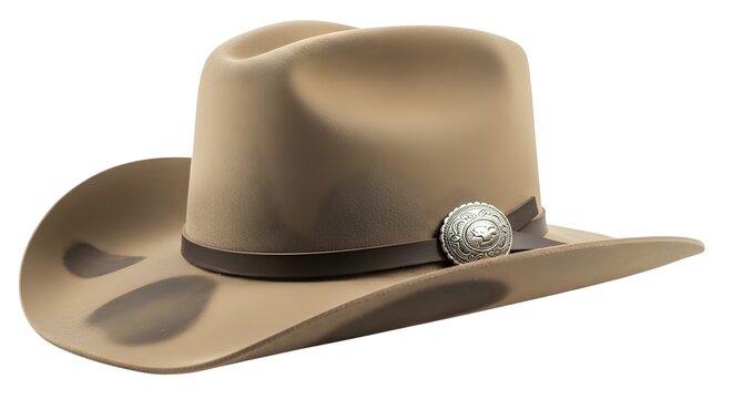 Beige cowboy hat with silver concho on black band isolated on white background