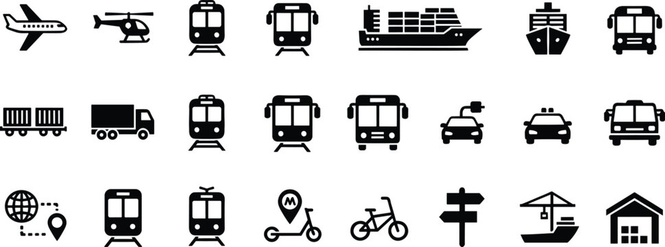 Global transportation and logistics vector icon set featuring airplanes buses trains cars ships and public transit symbols.