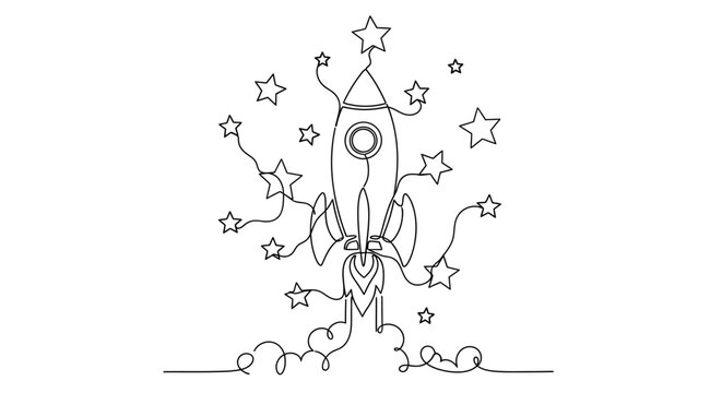 Continuous line drawing of a rocket launching amidst stars and smoke, abstract art.