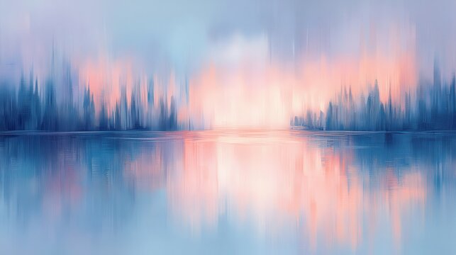 Abstract Impressionistic Landscape With Soft Twilight Hues Reflected On A Tranquil River