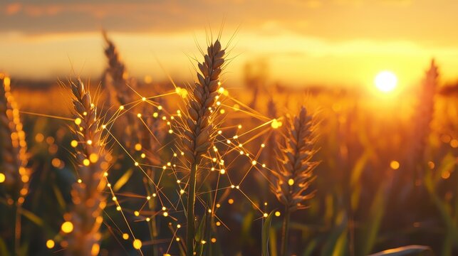 Advanced AI network overlaying a golden wheat field at sunset, symbolizing predictive agriculture and future crop yield optimization.