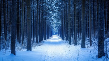 Fototapeta premium A serene winter forest path covered in snow, with tall trees lining the way and soft light illuminating the journey ahead.