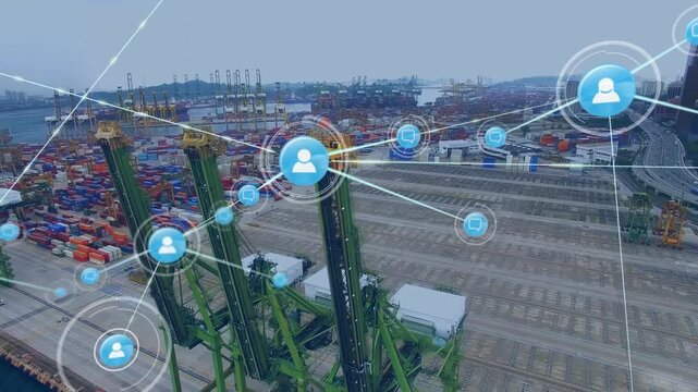 Network of digital icons against aerial view of the port