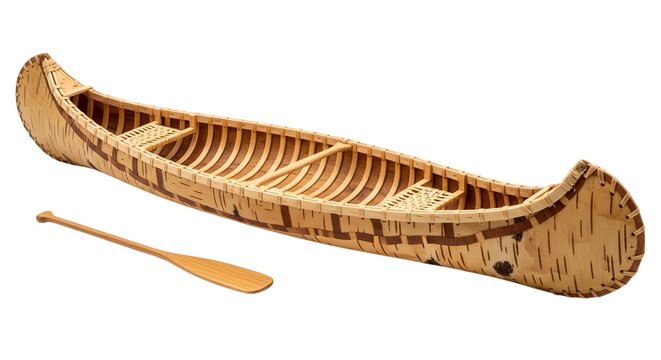 Traditional birchbark canoe with wooden paddle on white background