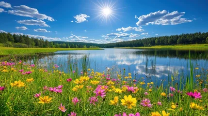 A vibrant spring lake scene with blooming wildflowers under a bright sun and blue sky © MUHAMMAD