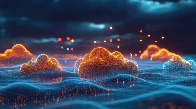 Abstract glowing clouds and data streams represent futuristic cloud computing and multi-cloud integration technology