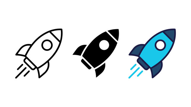 Rocket icon launching upward. Startup launch and business growth symbol for innovation, project development, acceleration, strategy, marketing and successful progress.