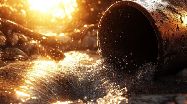 Contaminated water flowing from a drainage pipe into a creek under bright sunlight, macro photography revealing environmental pollution.