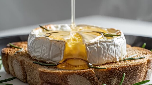 Melted Brie Cheese With Honey Drizzled on Toasted Bread With Rosemary Sprigs, Close Up