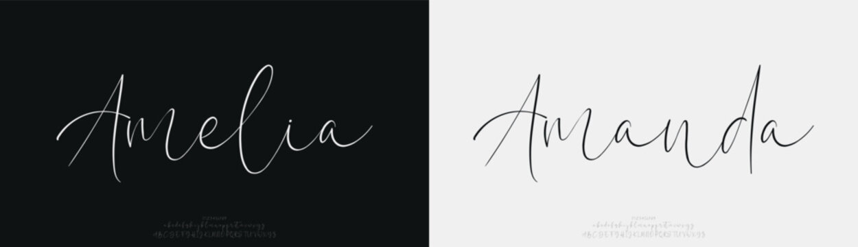 Amelia Amanda, Script elegant alphabet beauty logo font. Classic beautiful Modern luxury Serif Letter Minimal Fashion. Typography decoration logotype fonts, wedding, logos. vector illustration
