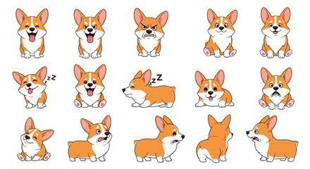 Fototapeta premium Cartoon Pembroke Welsh Corgis displaying various emotions and poses 