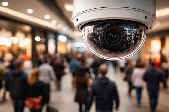 C&acirc;mera de seguran&ccedil;a CFTV em primeiro plano com multid&atilde;o desfocada no fundo. Conceito de vigil&acirc;ncia e monitoramento em local p&uacute;blico