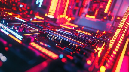 Obraz premium Futuristic Abstract Urban Cityscape with Neon Lights and Circuitry Patterns, Representing Technological Advancement and Energy Flow