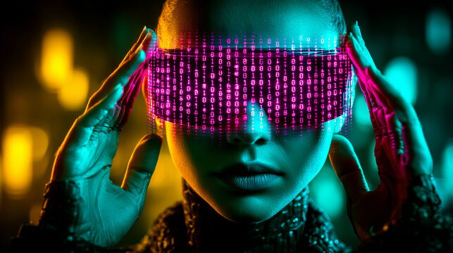 Cyberpunk Woman with LED Visor in Neon Light for Futuristic Technology Concept