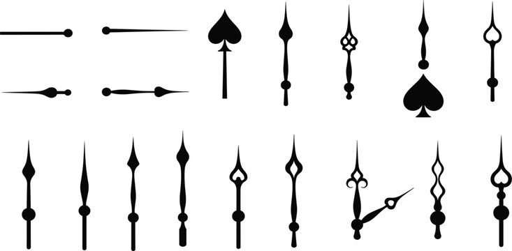 Clock Hands Vector Set Featuring Vintage, Classic and Ornamental Watch Needle Designs for Timepieces, Wall Clocks, UI Icons and Decorative Graphics