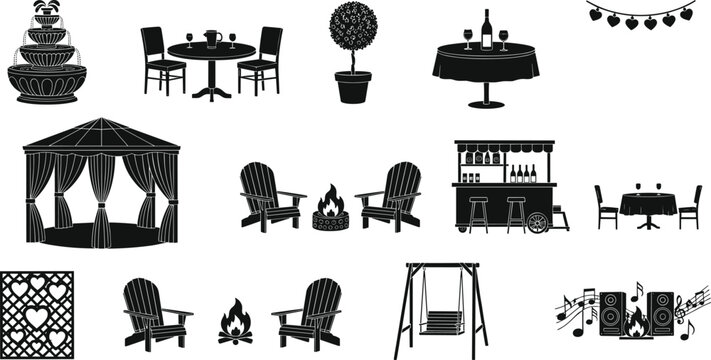 Collection of black outdoor garden party silhouette icons featuring furniture gazebo fountain fire pit swing and bar for backyard events
