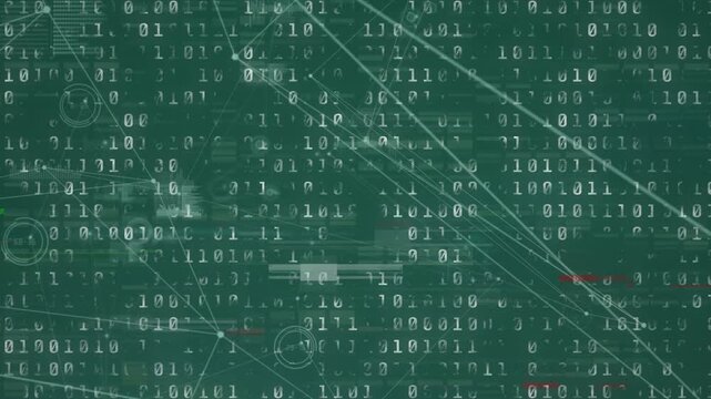 Animation of moving lines with connecting dots against binary codes on digital interface