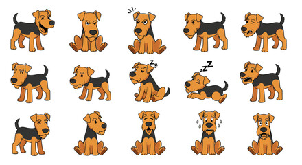 Fototapeta premium Airedale Terrier dog character in various poses and expressions 