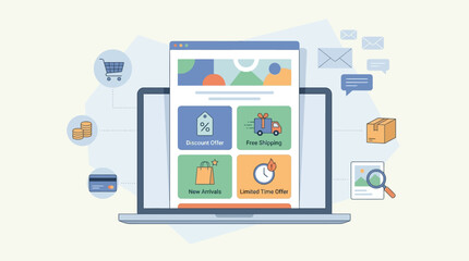 Fototapeta premium E-commerce Online Shopping Concept Illustration with Laptop Interface, Discount Offers, and Retail Icons