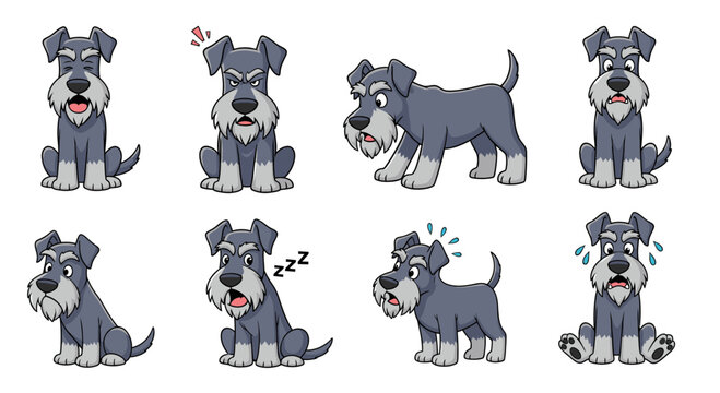Cartoon giant schnauzer showing various emotions and actions  