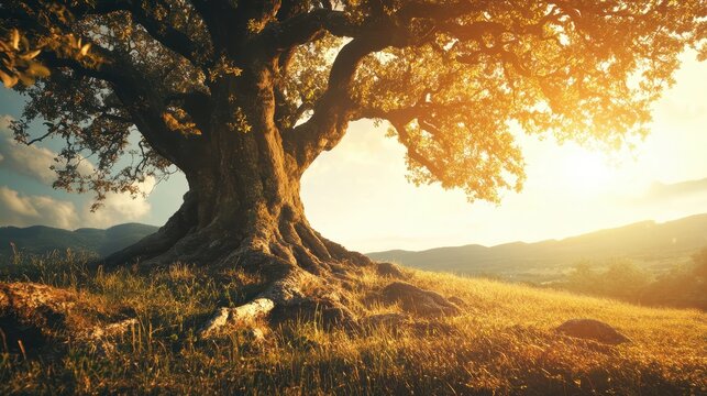 Majestic ancient tree bathed in golden sunlight on a serene mountain terrain