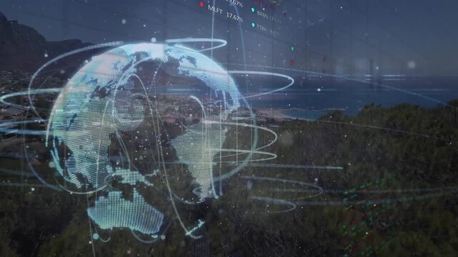 Animation of stock market data processing over spinning globe against aerial view of cityscape