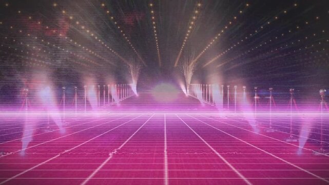 Animation of scenic lights in black and pink space with perspective