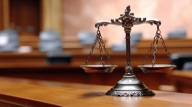 Symbol of Justice: Ornate Scales of Balance in a Courtroom Setting