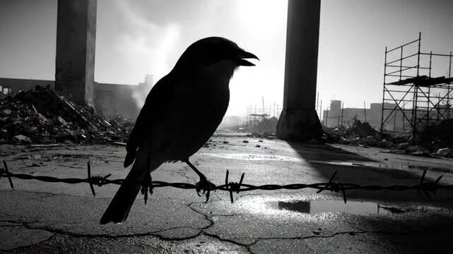 Black and white shot of a bird perched on barbed wire in a desolate, post-apocalyptic environment with destroyed buildings and ominous atmosphere