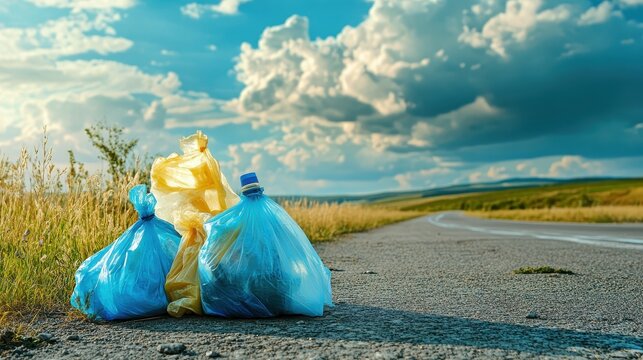 Plastic Bottles and Bags Scattered Along a Rural Highway, Underscoring Environmental Pollution After a Windstorm