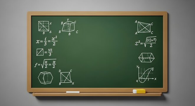 A green chalkboard with various mathematical equations and diagrams written on it in white chalk