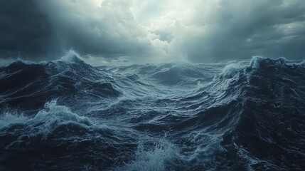 Turbulent ocean waves under dramatic stormy clouds reflecting intense natural power