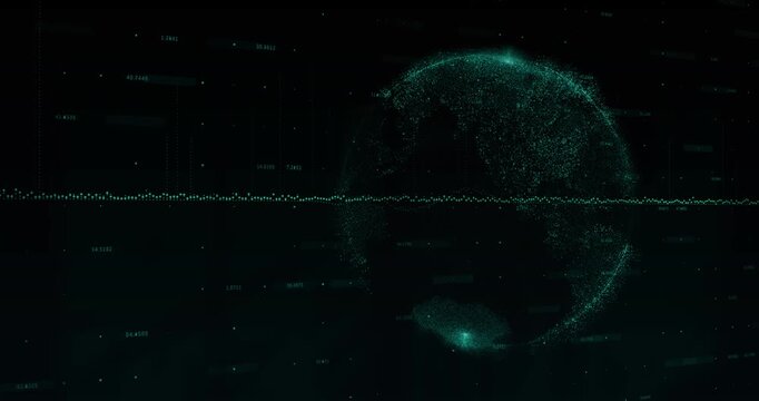 Animation of dots going up and down with blocks floating over a globe on black background