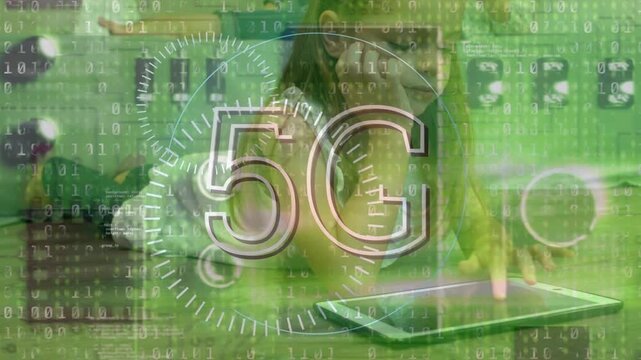 Animation of 5g text, lines forming circles and binary codes, caucasian girl using digital tablet