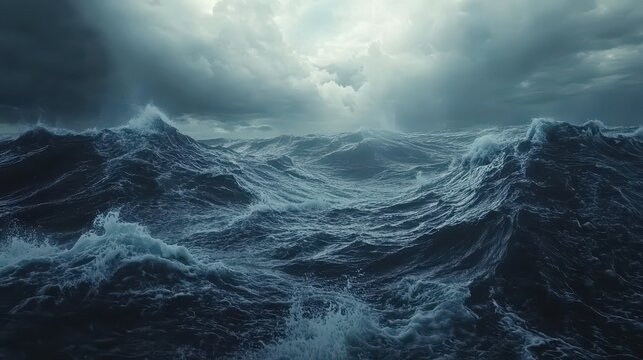 Turbulent ocean waves under dramatic stormy clouds reflecting intense natural power