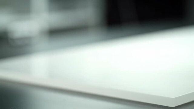 Gender-neutral hands meticulously tear patterned paper, revealing a pristine white acrylic surface. Slow dolly-in, shallow depth of field, high-key studio light, concept of digital transformation