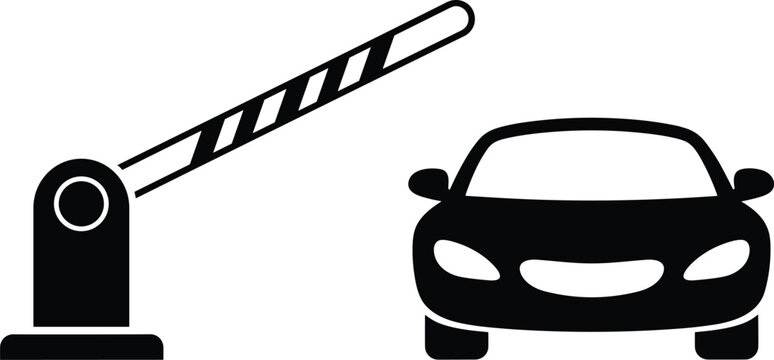Black silhouette icon of a car waiting at an open automatic rising barrier gate for parking access or secure entry.