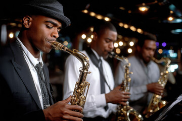 Fototapeta premium Jazz Trio Playing Saxophones on Dark Stage