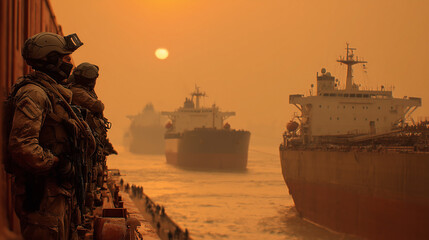 Obraz premium Graphical image depicting the Iran war and the blockade of the Strait of Hormuz