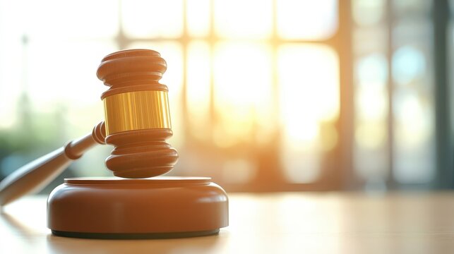 Wooden gavel and compliance checklist on a courtroom desk in soft daylight