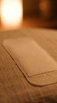 Close-up sequence of a hand applying a medical adhesive bandage on a textured surface with warm ambient lighting creating a soothing atmosphere