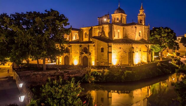 Illuminated Church of San Marcos in Seville at Night.