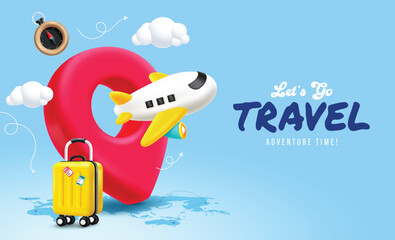 Travel banner with location pin, airplane, and yellow suitcase clipart over a world map with Lets Go Travel text. Ideal for tourism ads, vacation planning, and holiday promotion. Vector illustration. © Grafiqwrk 2.0